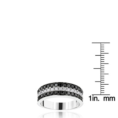 0.91 Ct Round Cut Pave Setting 3 Row Black And White Diamond Band In White Gold 