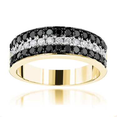 0.91 Ct Round Cut Pave Setting 3 Row Black And White Diamond Band In Yellow Gold 
