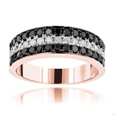 0.91 Ct Round Cut Pave Setting 3 Row Black And White Diamond Band In Rose Gold 