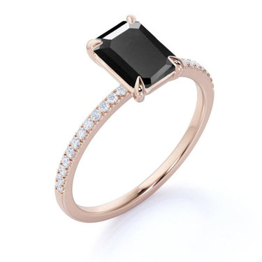 1.75 Ct Emerald Cut Prong Setting Black Diamond Ring With Accents In Rose Gold