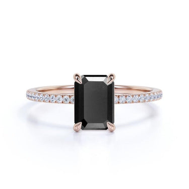 1.75 Ct Emerald Cut Prong Setting Black Diamond Ring With Accents In Rose Gold