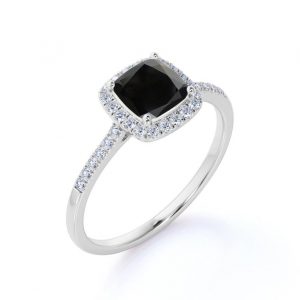 3 Carat Cushion Cut Halo Four Prong Black And White Diamond Ring In White Gold 