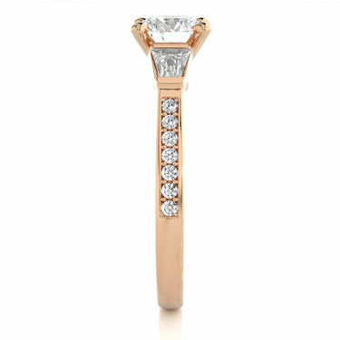 1.70 Ct Round And Baguette Cut Three Stone Diamond Ring With Accents In Rose Gold