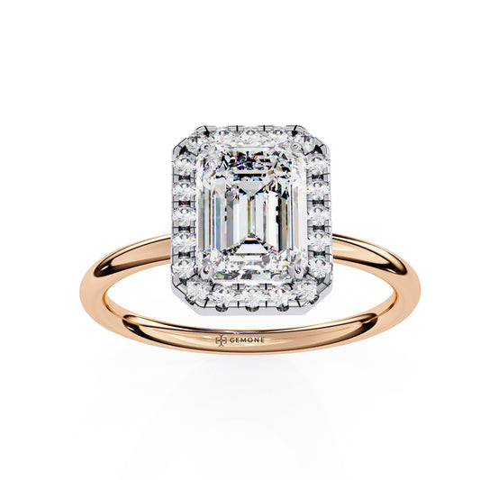 1.90 Carat Emerald Cut Halo Lab Diamond Engagement Ring In Rose Gold