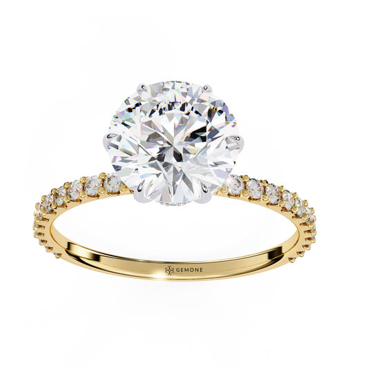 2.20 Carat Round Cut Hidden Halo Lab Diamond Engagement Ring in Yellow Gold