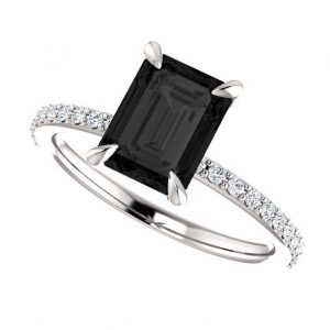 2 Ct Emerald Cut Four Prong Channel Setting Black And White Diamond Ring With Accents 