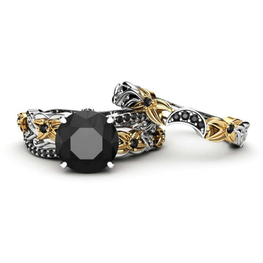 2 Carat Round Cut Floral Prong Setting Black Diamond Bridal Set Ring In Two Tone Gold