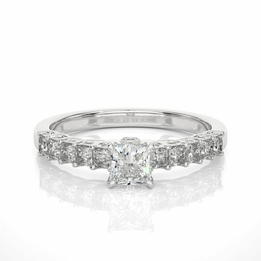 0.85 Ct Princess Cut Prong Setting With Accents Diamond Ring In White Gold