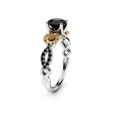 2 Carat Black Diamond Sunflower Engagement Ring In Two Tone Gold