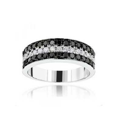 0.91 Ct Round Cut Pave Setting 3 Row Black And White Diamond Band In White Gold 