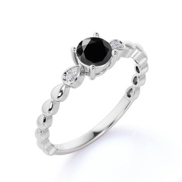 1 Ct Round Shaped 5 Stone Prong Setting Black And White Diamond Ring In Leaf Design 