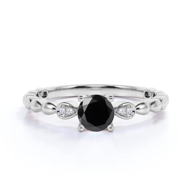Adorable 1 Ct Black Diamond Leaf Design White Gold Engagement Ring