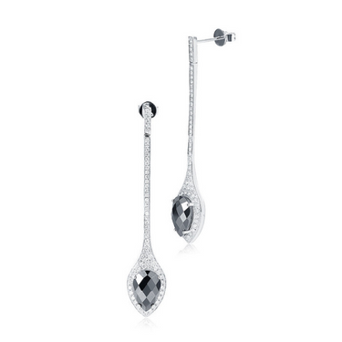 3 Ct Rose And Pear Shape Black Diamond Drop Earrings In White Gold