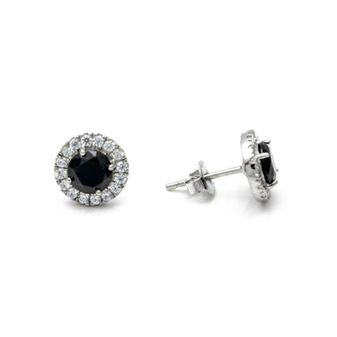 2 Carat Round Cut Halo 4 Prong Black And White Diamond Stud Earrings