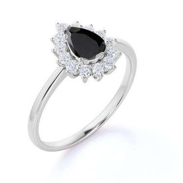 2 Carat Black Diamond Pear Cut Halo Black Diamond Engagement Ring