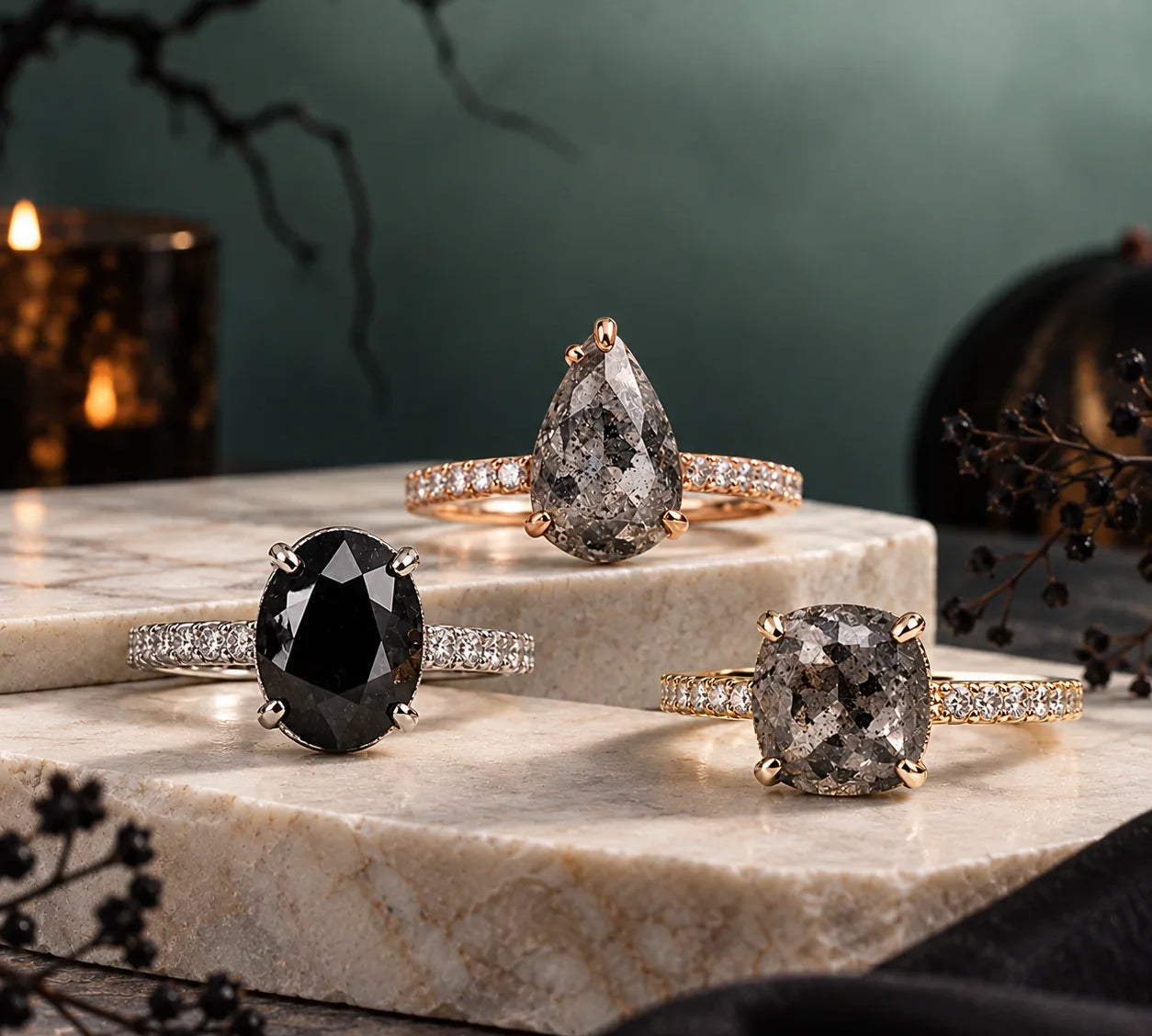 Halloween jewelry and goth jewelry featuring black diamond ring and salt and pepper ring