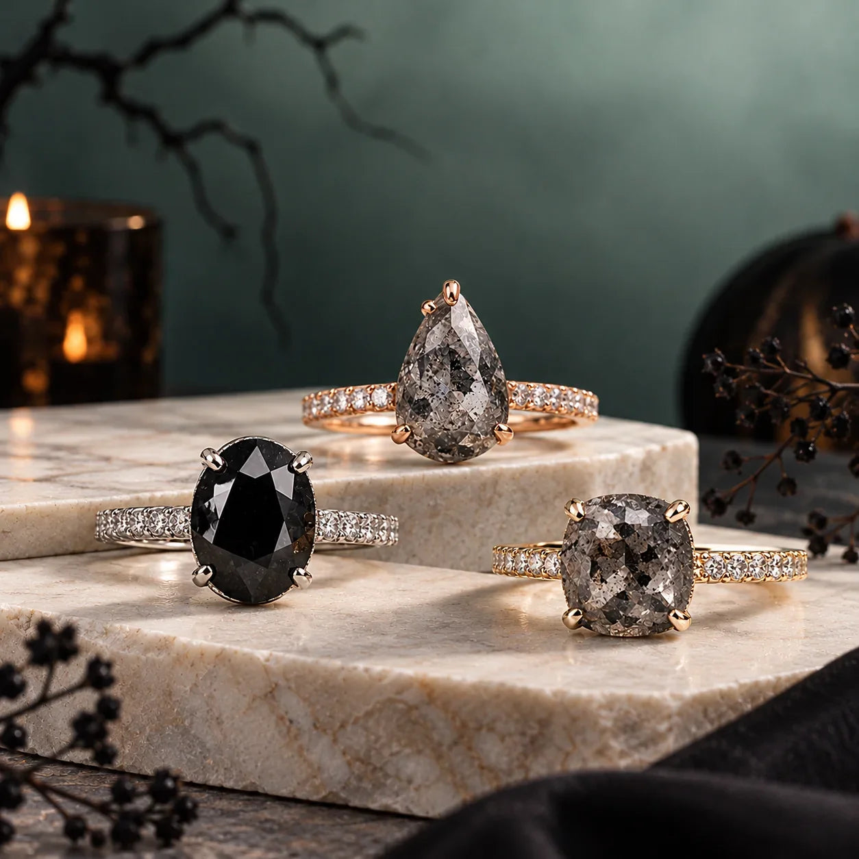 Halloween jewelry and goth jewelry featuring black diamond ring and salt and pepper ring