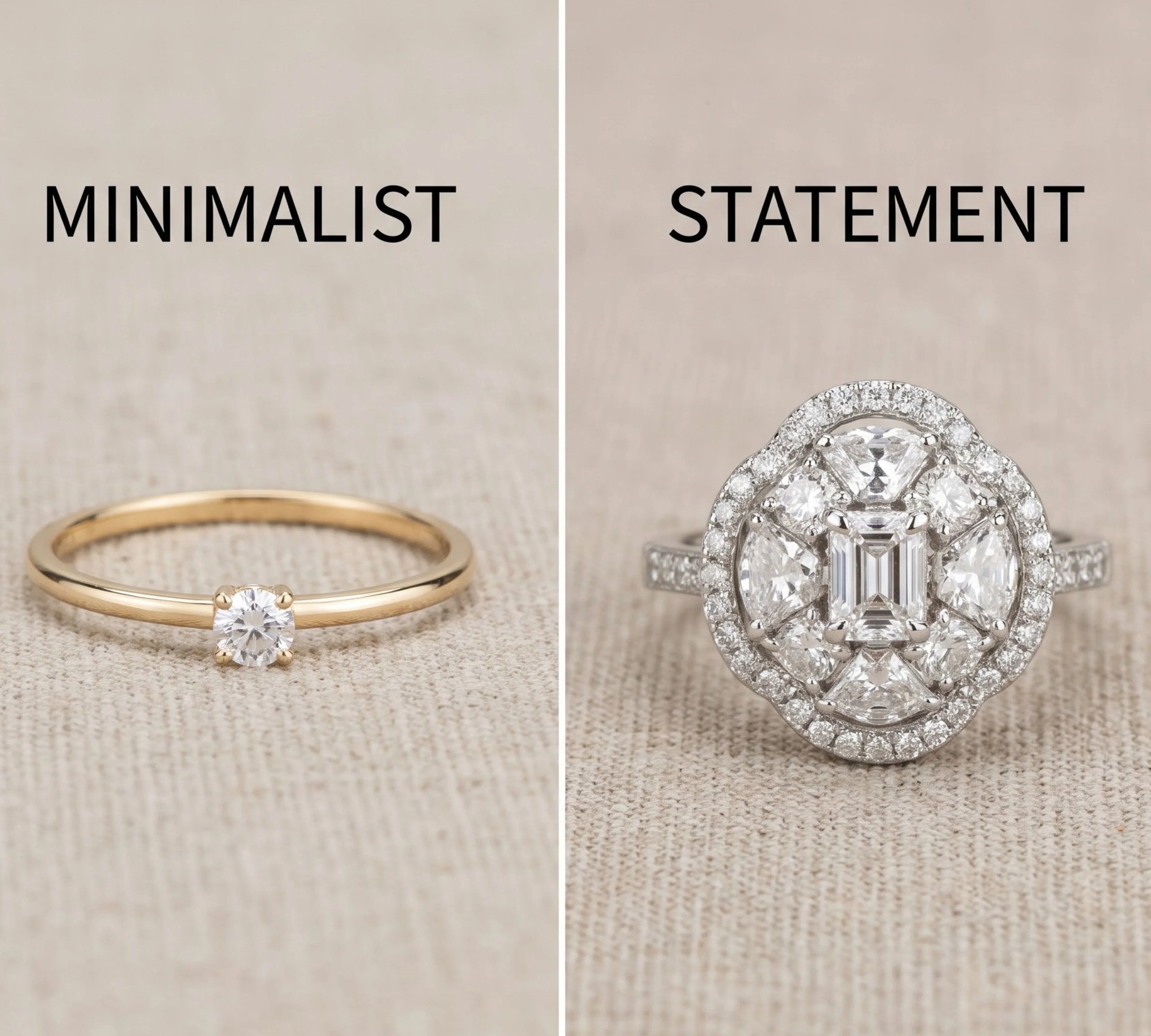 Minimalist vs. Statement Rings: Gold solitaire emerald cut ring next to an emerald cut diamond ring with diamond halo and pave band. Engagement ring styles.