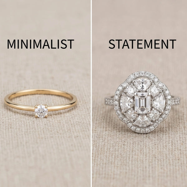 Minimalist vs. Statement Rings: Gold solitaire emerald cut ring next to an emerald cut diamond ring with diamond halo and pave band. Engagement ring styles.