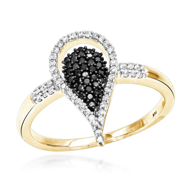 Anillo en forma de lágrima de diamantes blancos y negros con engaste de pavé de talla redonda de 0,60 quilates