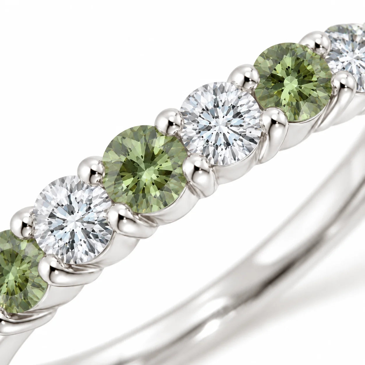 Close up view of 0.32ct Round Green &amp; White Diamond Half Eternity Band