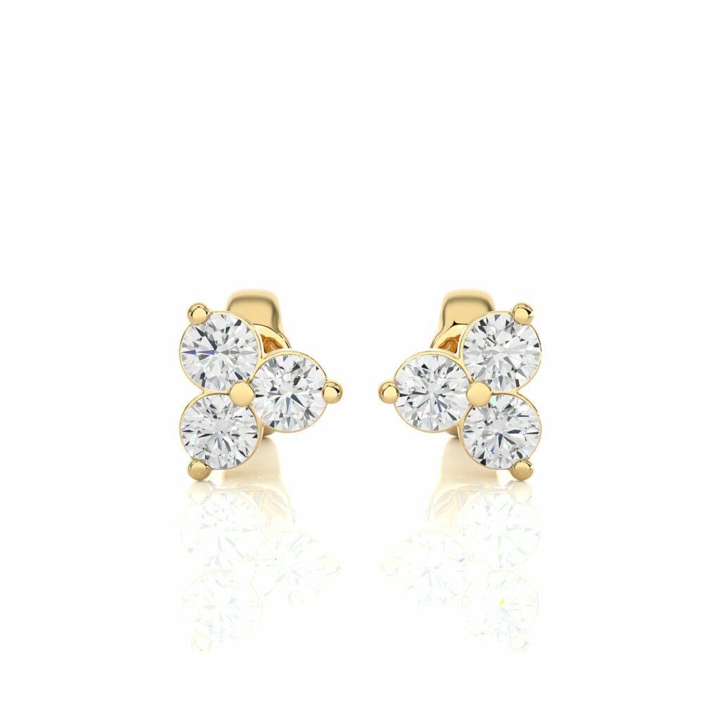 0.90 Ct Round Cut Prong Set 3 Stone Lab Diamond Stud Earrings in White Gold Yellow