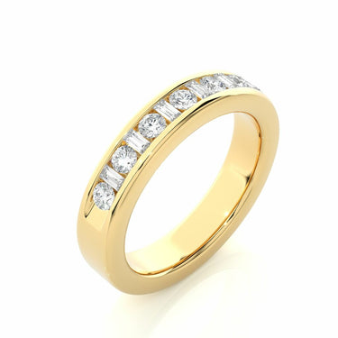 1 Ct Round And Baguette Cut Bezel Set Diamond Wedding Band In Yellow Gold