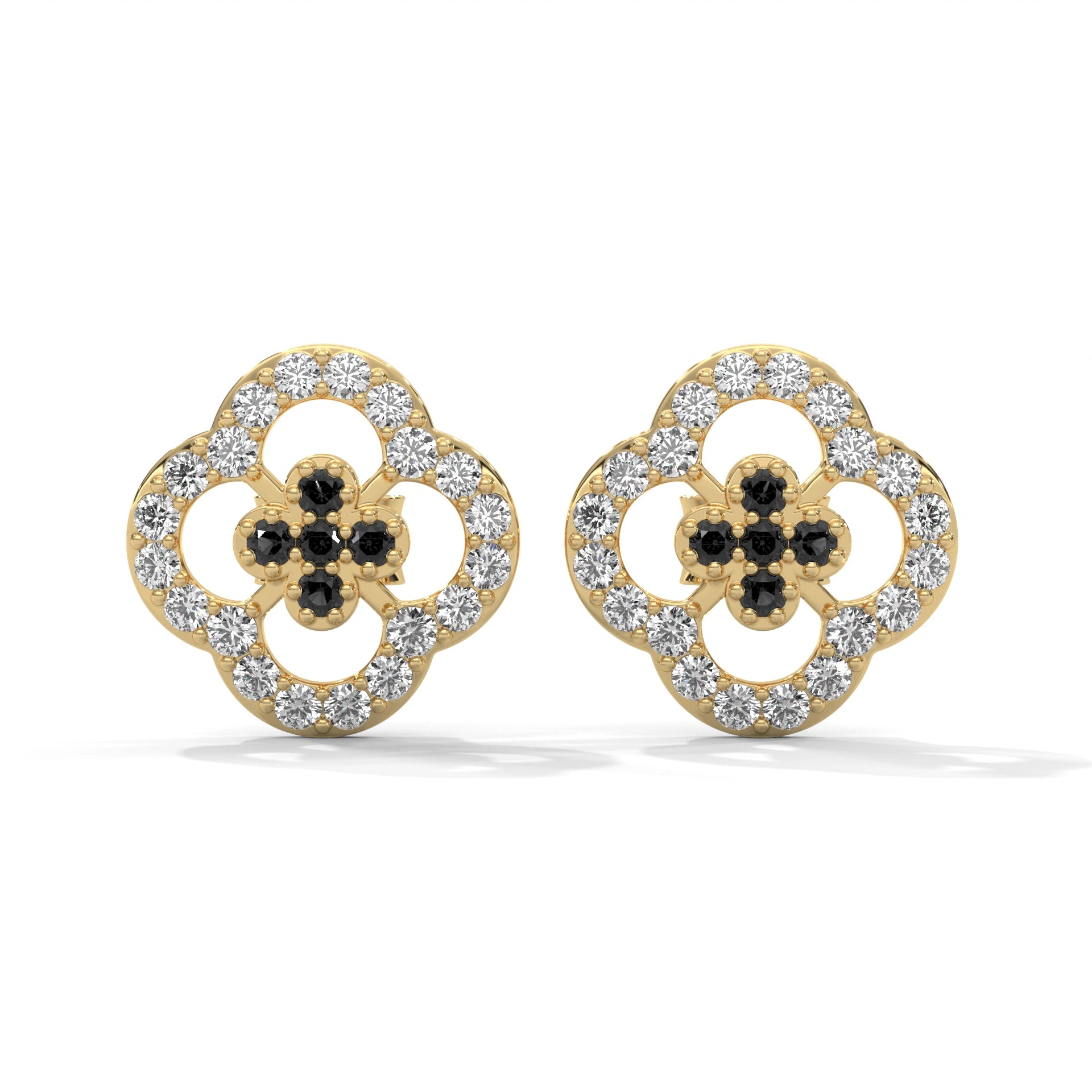 0.32 Carat Black Diamond Cluster Halo Stud Earrings 18K Yellow Gold