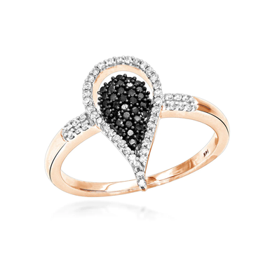 Bague en forme de larme de diamants blancs et noirs sertis de pavés ronds de 0,60 ct