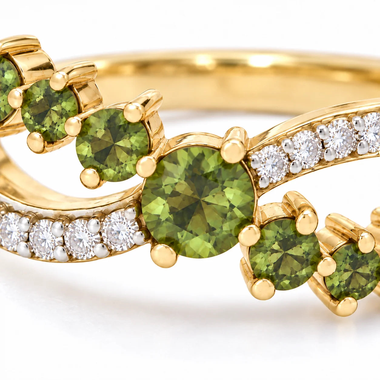 Close up View Of 0.73 Carat Vivid Fancy Green Split Band Ring