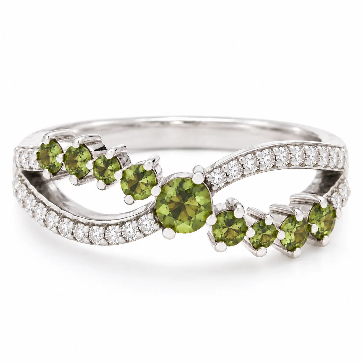 Front View Of 0.73 Carat Vivid Fancy Green Split Band Ring