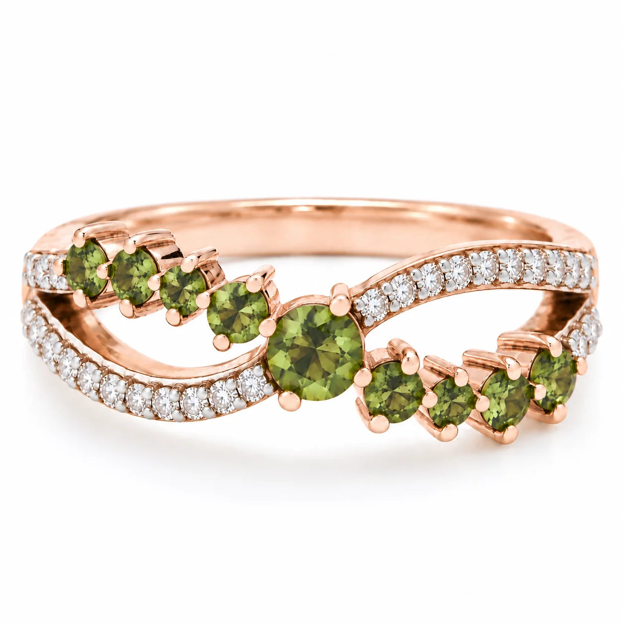 Front View Of 0.73 Carat Vivid Fancy Green Split Band Ring
