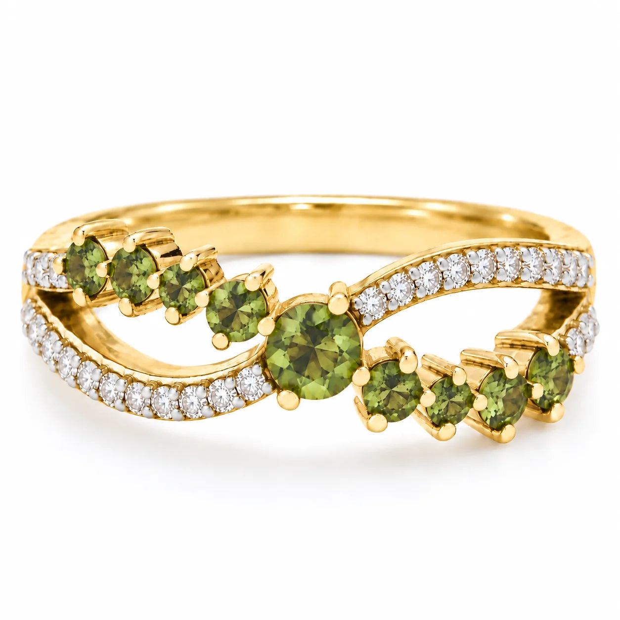 Front View Of 0.73 Carat Vivid Fancy Green Split Band Ring