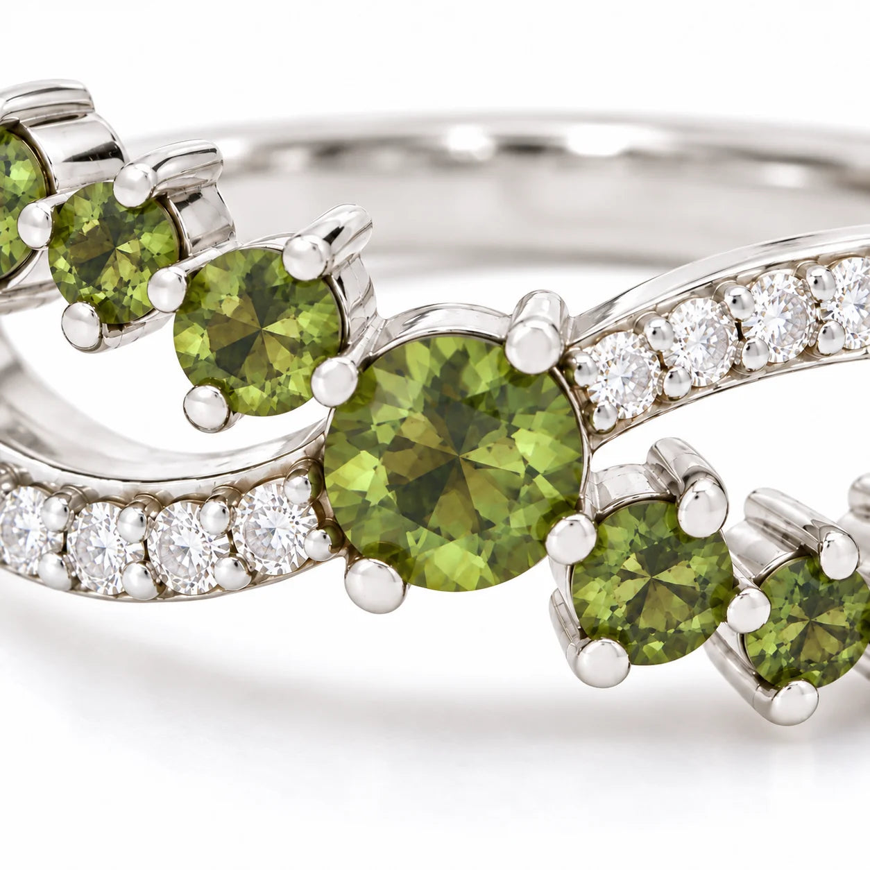 Close up View Of 0.73 Carat Vivid Fancy Green Split Band Ring