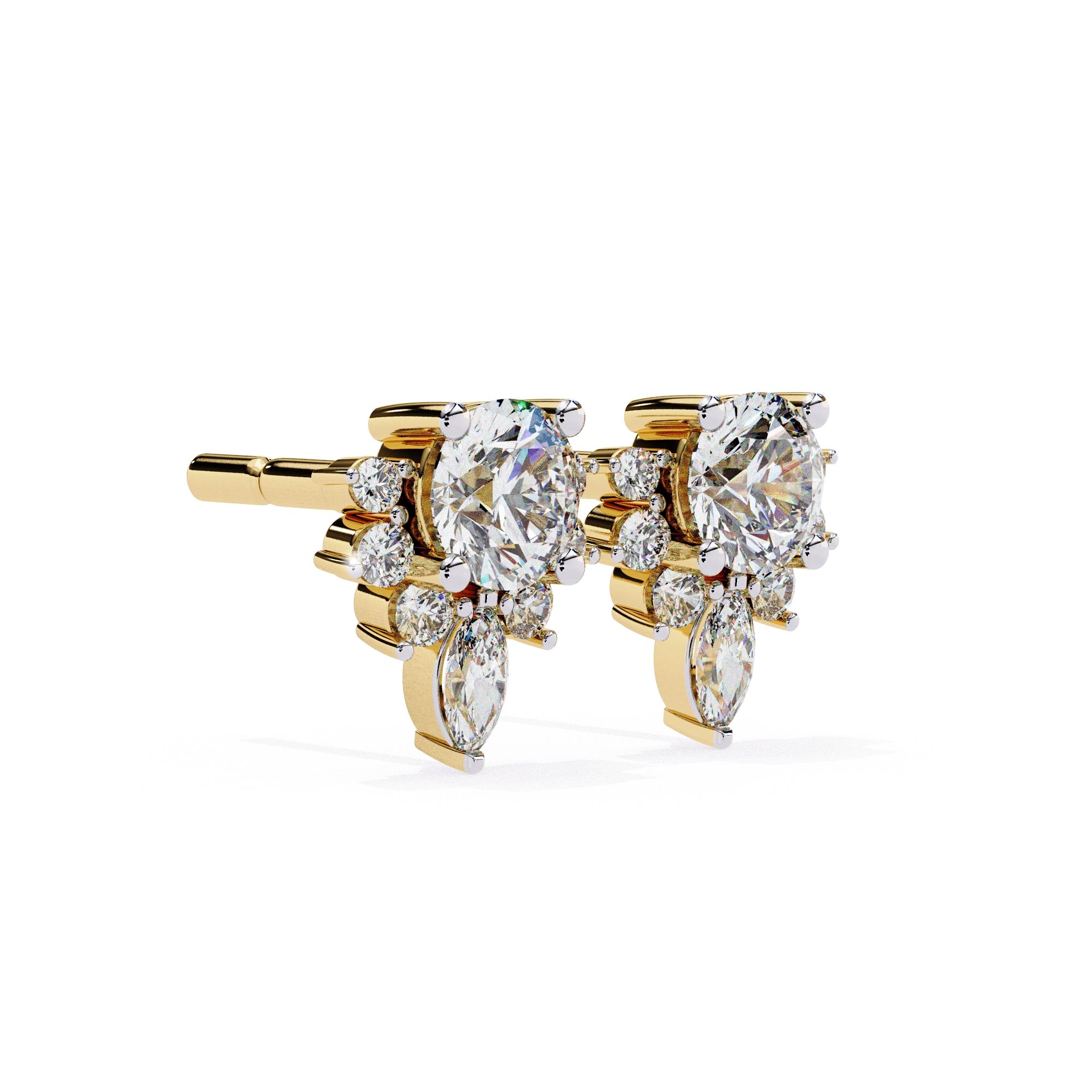 0.79 Carat Diamond Stud Earrings Floral Cluster with Drop Design 18K Yellow Gold Natural Diamond
