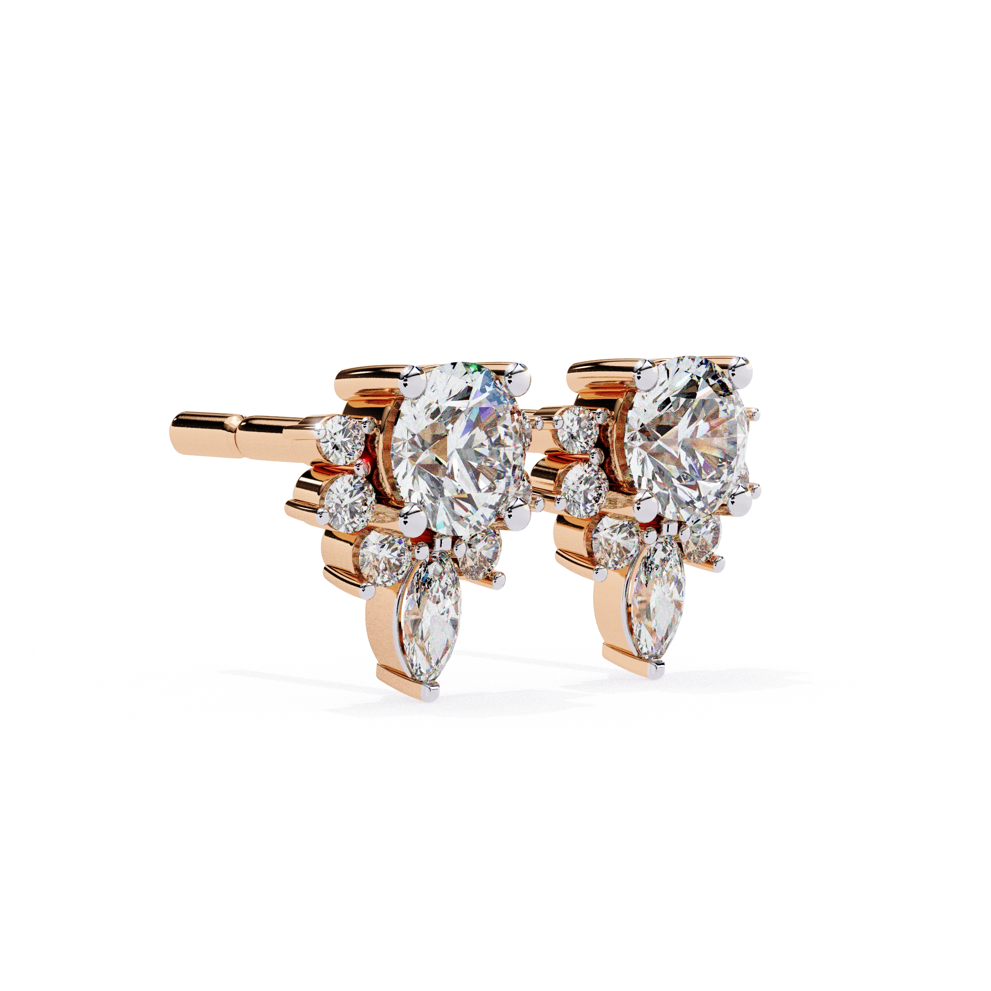 0.79 Carat Diamond Stud Earrings Floral Cluster with Drop Design 18K Rose Gold Natural Diamond