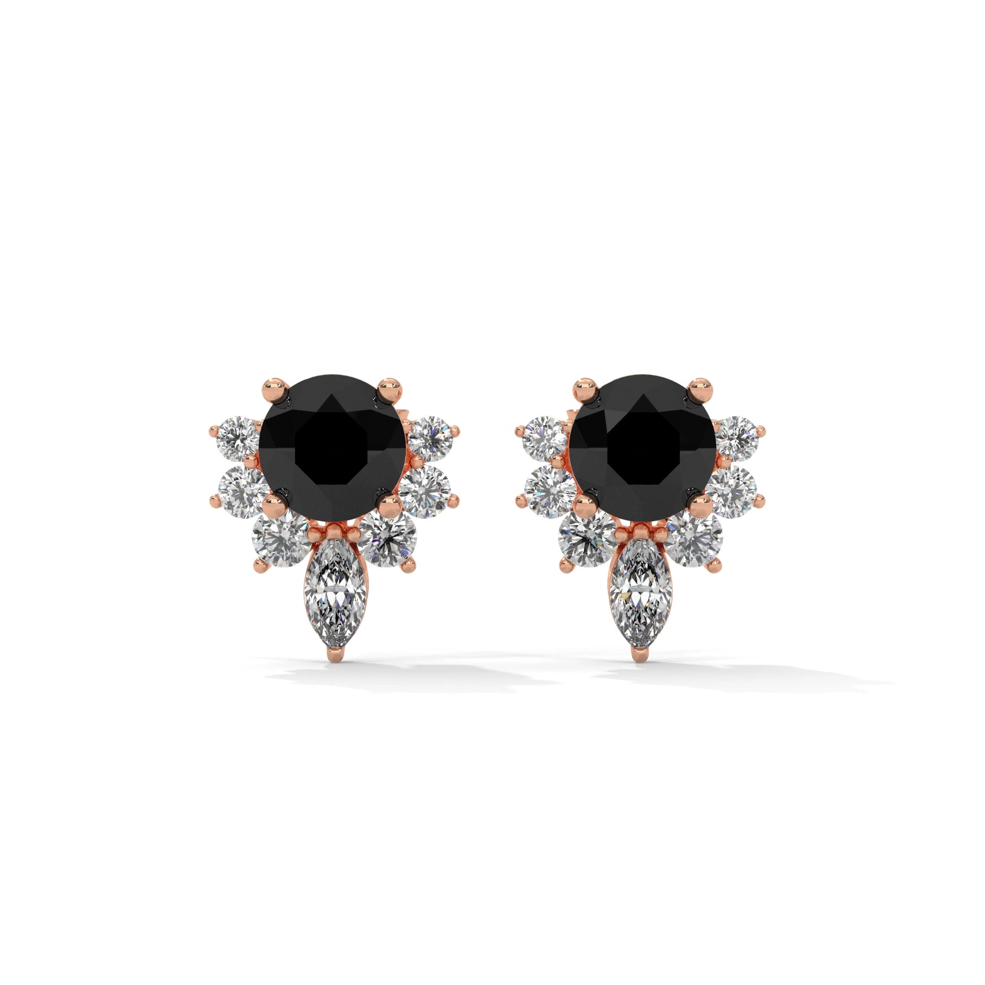 0.71 Ct Black Diamond Stud Earrings With White Diamond Cluster Screw Back 18K Rose Gold