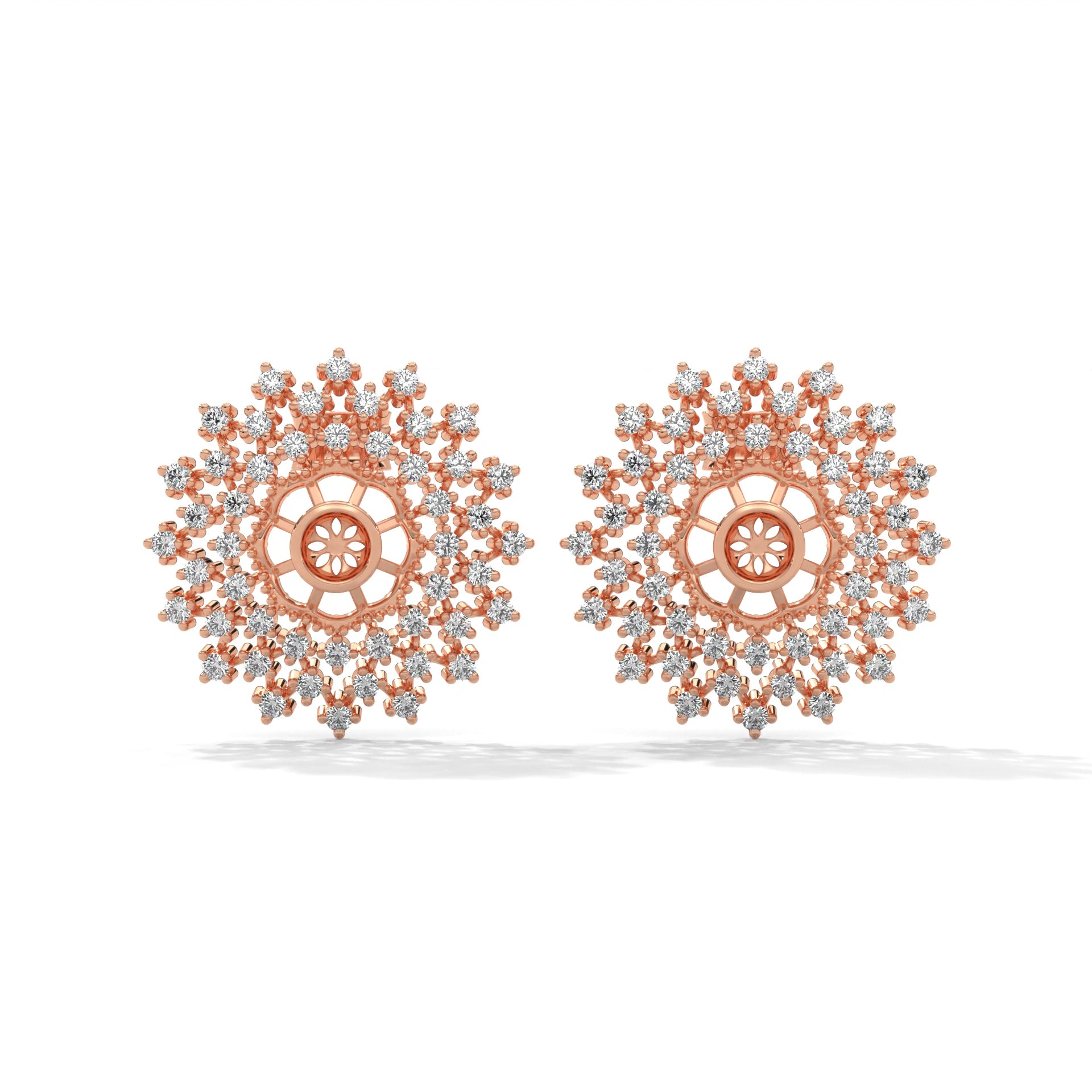 0.96 Carat Diamond Earrings Studs with Floral Mandala Design 18K Rose Gold Natural Diamond