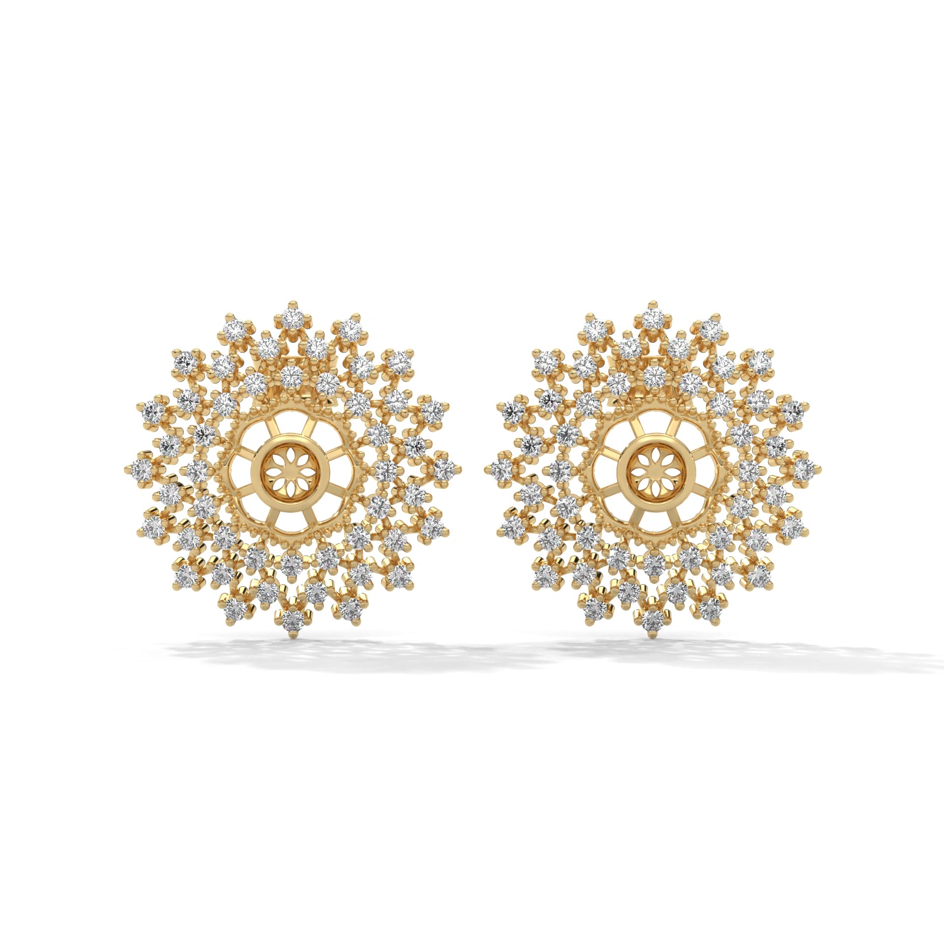 0.96 Carat Diamond Earrings Studs with Floral Mandala Design 18K Yellow Gold Natural Diamond