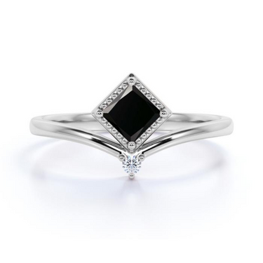 1.10 Carat Princess and Round Cut Prong Setting Black And White Diamond Ring