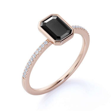 1.22 Ct Emerald Cut Bezel Setting Black And White Diamond Ring In Rose Gold 