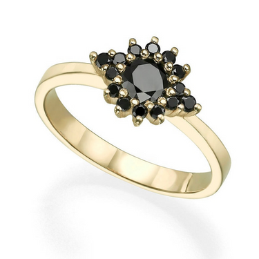 1 Carat Round Cut Prong Setting Floral Black Diamond Ring In Yellow Gold