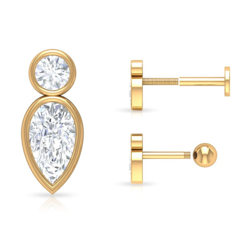0.40 Carat Round & Pear Shape Bezel Diamond Stud Earrings 18K Yellow Gold Natural Diamond