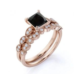 1.45 Carat Princess Cut Bridal Set Black And White Diamond Ring Black Diamond Wedding Rings