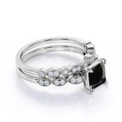 1.45 Carat Princess Cut Bridal Set Black And White Diamond Ring Black Diamond Wedding Rings