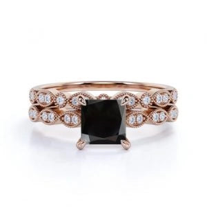 1.45 Carat Princess Cut Bridal Set Black And White Diamond Ring Black Diamond Wedding Rings