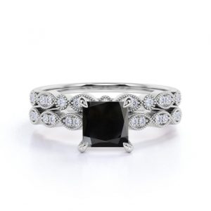 1 Carat Princess Cut Prong and pave setting Black Diamond Ring In White Gold