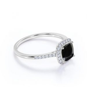 3 Carat Cushion Cut Halo Four Prong Black And White Diamond Ring In White Gold 