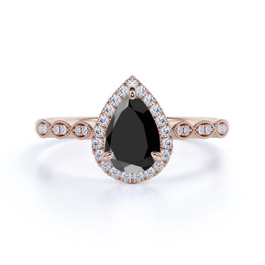 2 Ct Pear And Round Cut Halo Black And White Diamond Ring In Gold