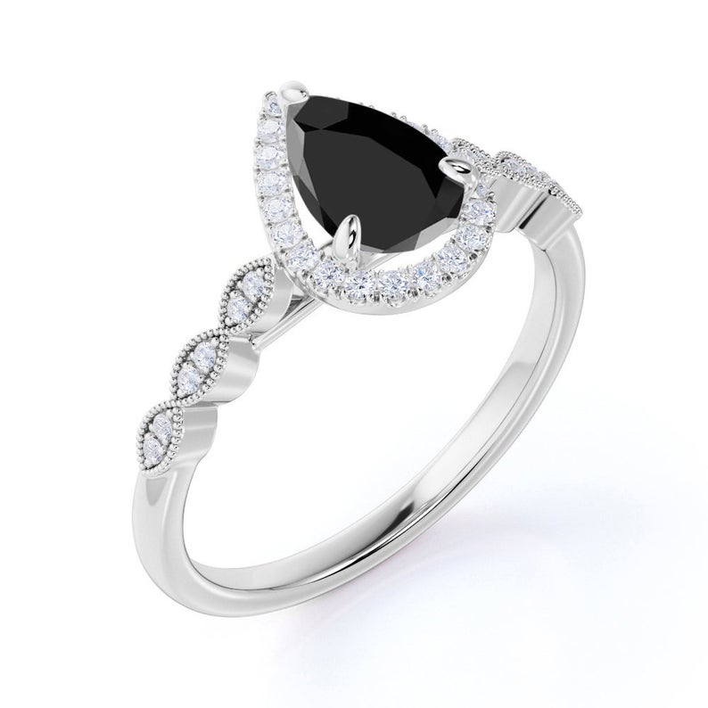 2.30 Ct Pear and Round Cut Black Diamond Halo Engagement Rings Black Diamond Engagement Ring